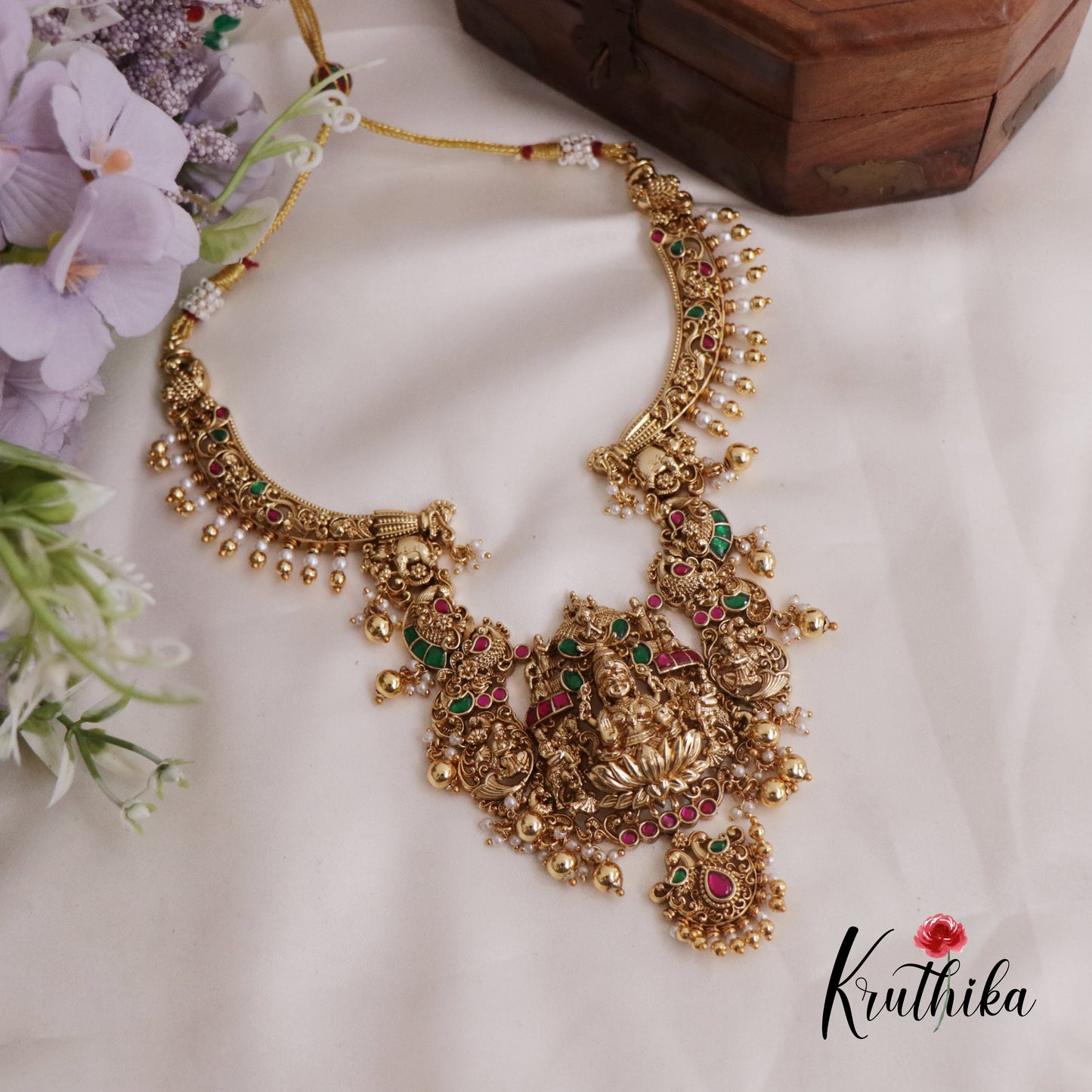 Elegant Temple Lakshmi and Peacock Jadau Necklace with Bead Drops NC2394