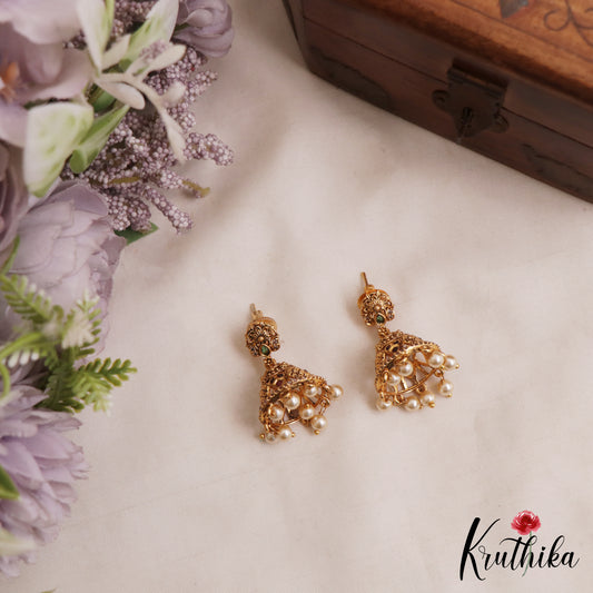 Elegant Antique Floral Motifs Kemp Jhumkas With Pearl Drops E1163 (Available In 2 Colors)