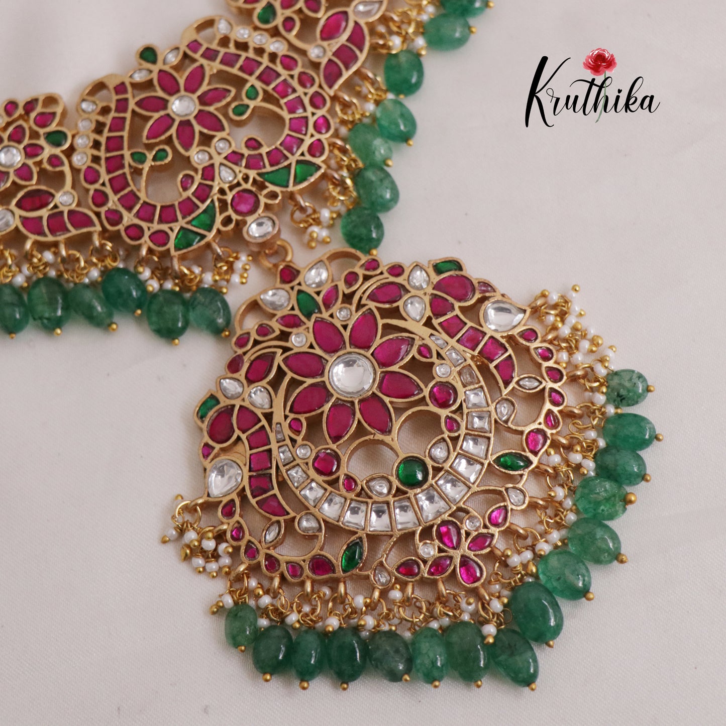 Premium Floral Peacock Jadau Necklace with Green Beads Drops NC2411