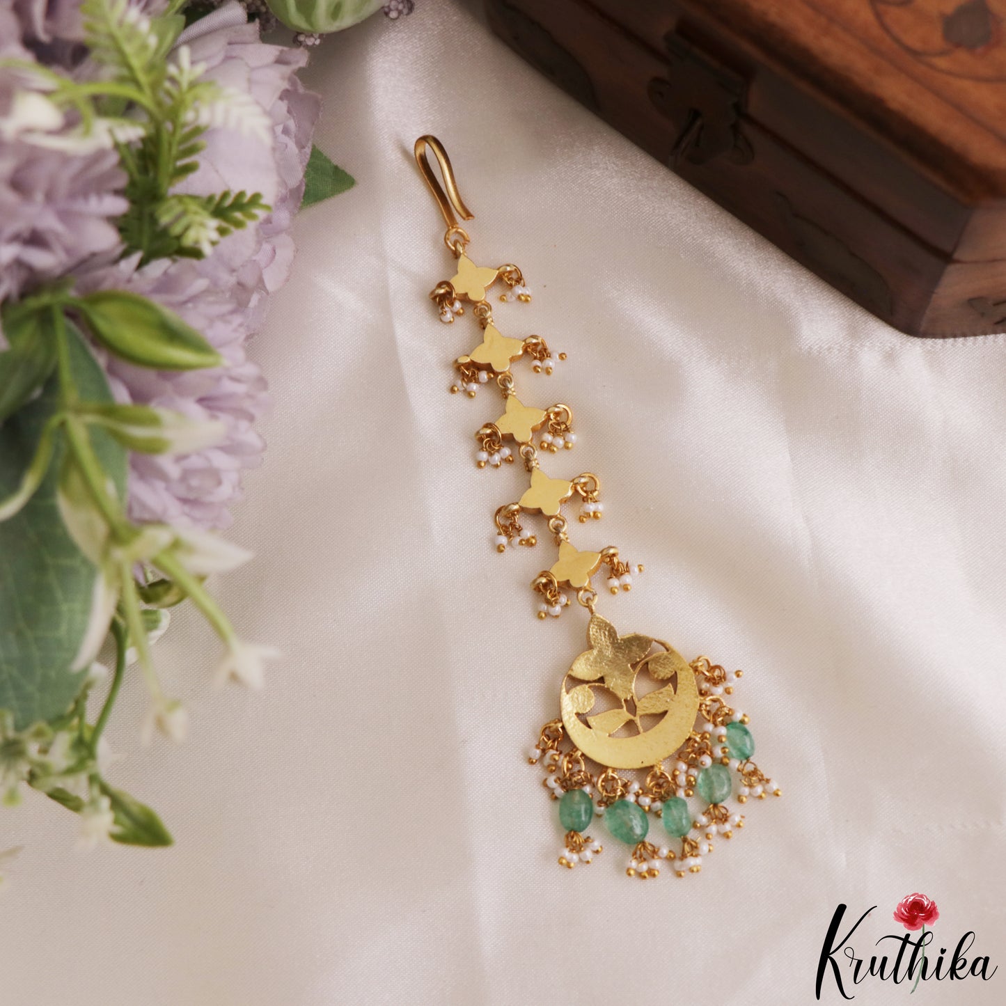 Classic Floral Motifs Jadau Maang Tikka With Green Bead Drops  MT398