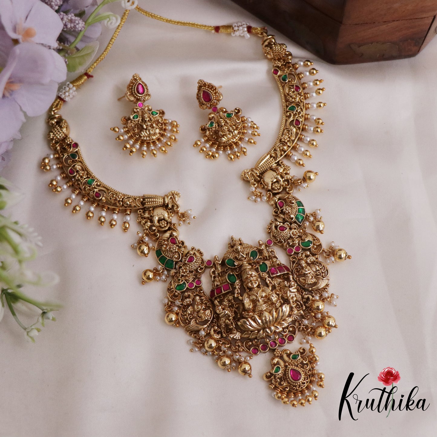 Elegant Temple Lakshmi and Peacock Jadau Necklace with Bead Drops NC2394