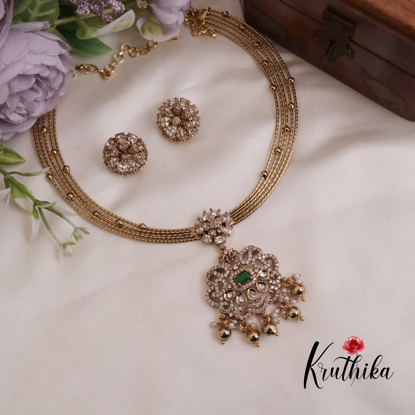 Trendy AD Victorian Jadau Hasli Necklace with Beads Drops NC2345 (Available in 2 Colours)