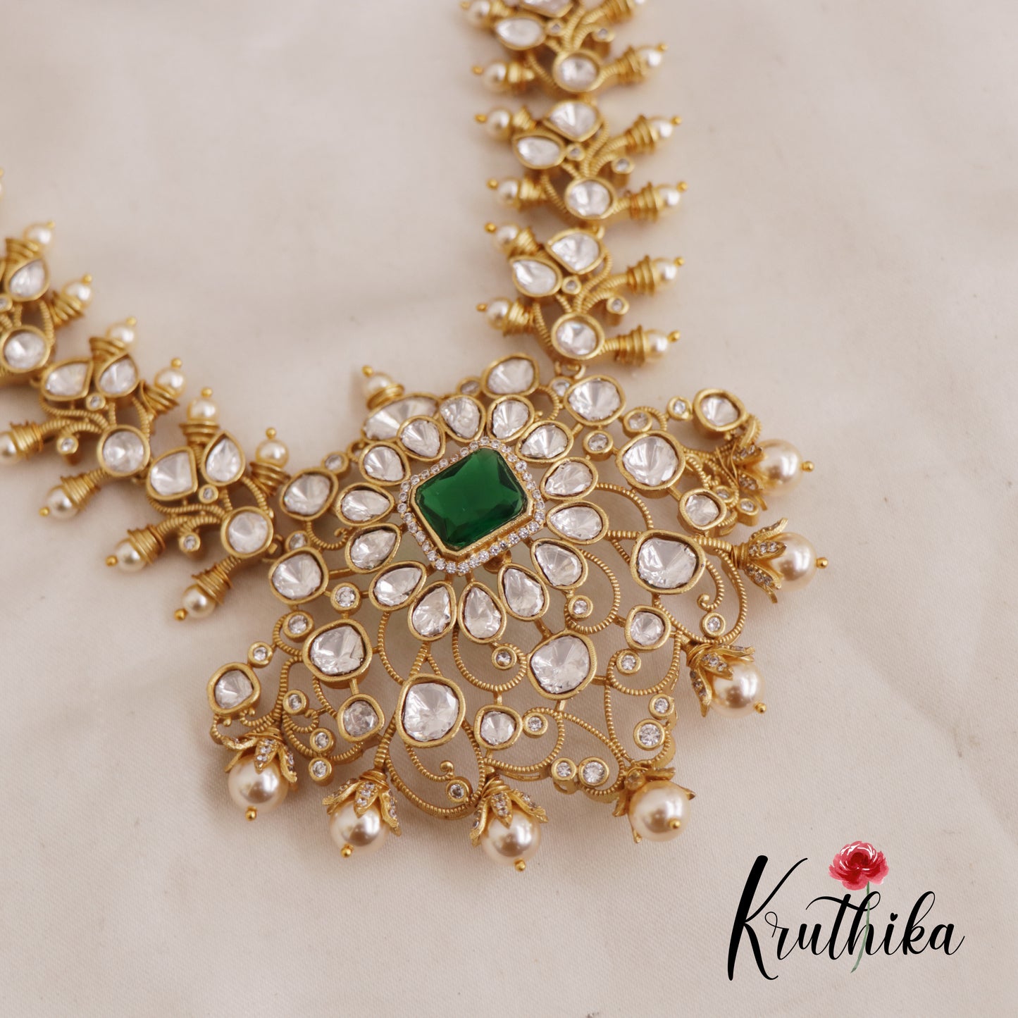 Royal Heritage Emerald Polki Silver Replica Mid Length Haaram LH2090