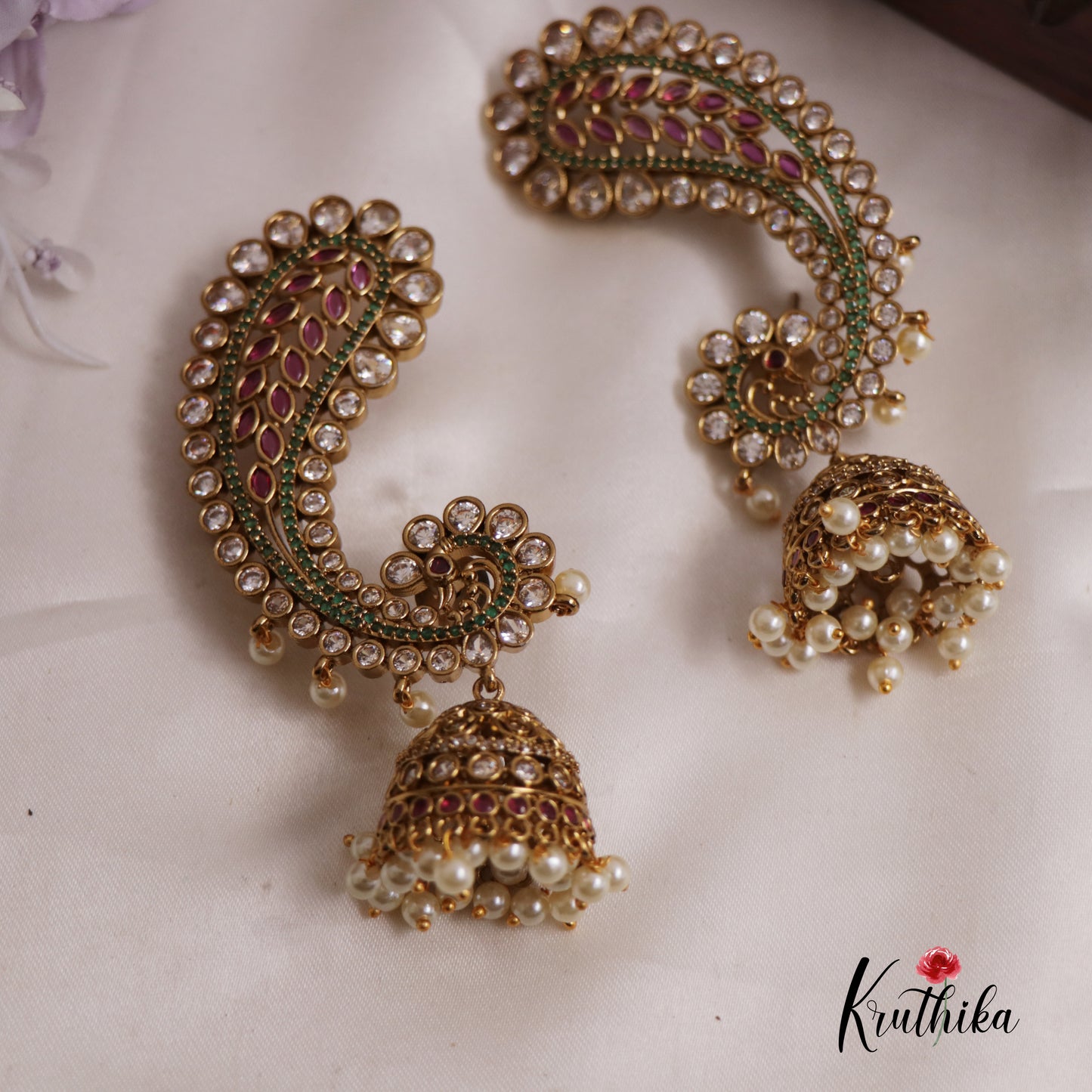 Stunning Peacock Earcuff with Pearl Drop Jhumkas NC25024 (Available In 2 Colours)
