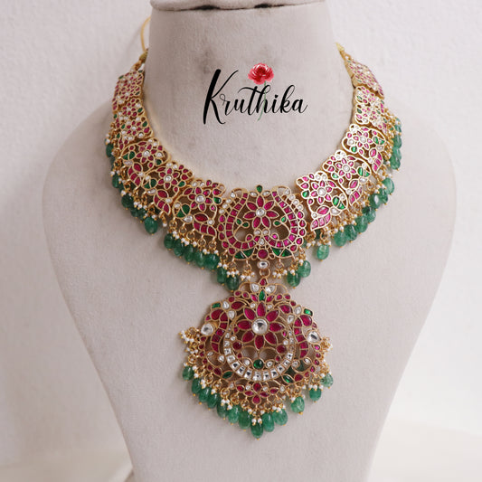 Premium Floral Peacock Jadau Necklace with Green Beads Drops NC2411