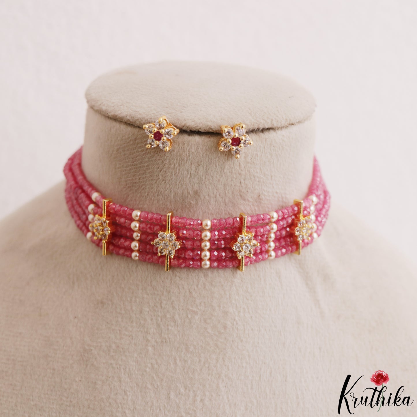 Sparkling Multi Layered Crystal & Pearl Statement Choker With Floral Accents NC3185