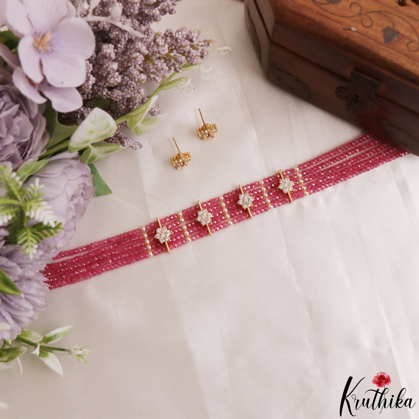 Sparkling Multi Layered Crystal & Pearl Statement Choker With Floral Accents NC3185