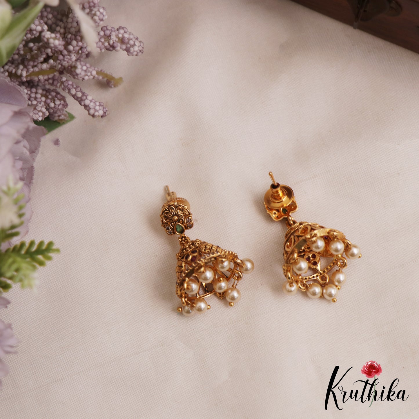 Elegant Antique Floral Motifs Kemp Jhumkas With Pearl Drops E1163 (Available In 2 Colors)