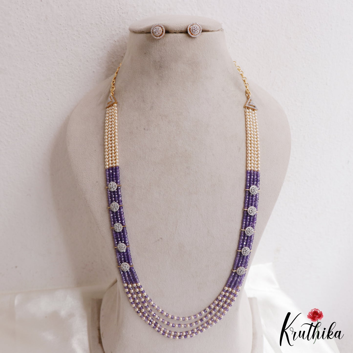 Sparkling Multi Layered Crystal & Pearl Haaram With Floral Accents LH2127 (Available In 7 Colors)