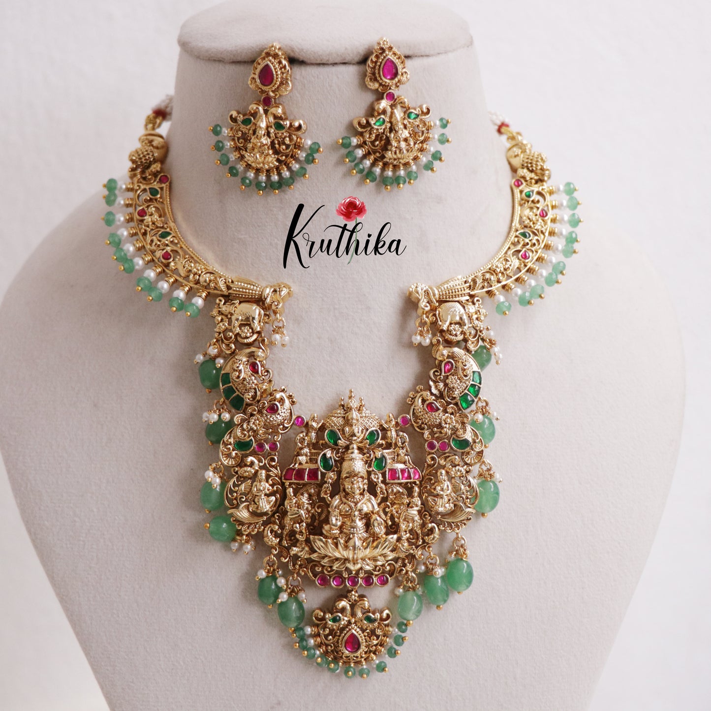 Elegant Temple Lakshmi and Peacock Jadau Necklace with Bead Drops NC2394