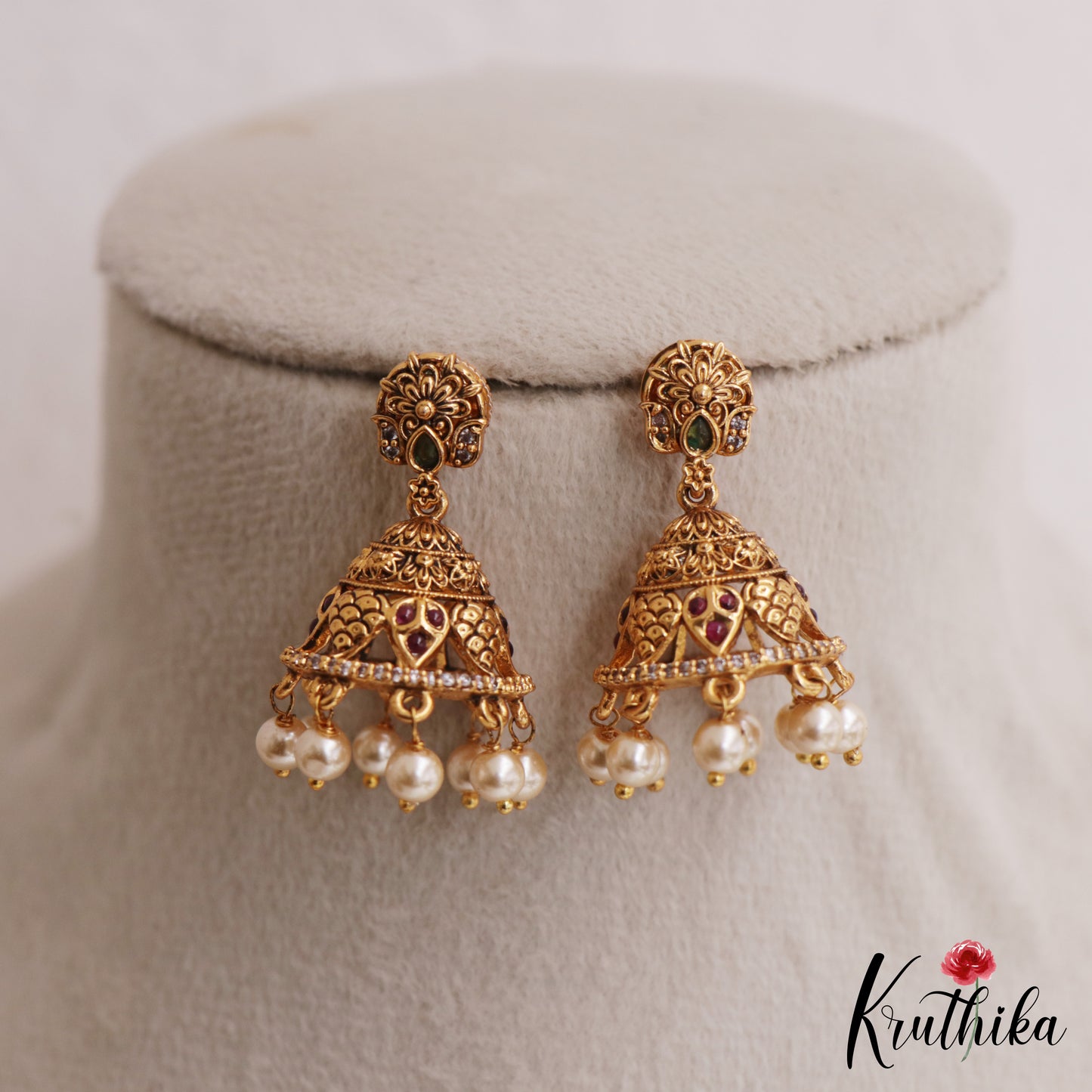 Elegant Antique Floral Motifs Kemp Jhumkas With Pearl Drops E1163 (Available In 2 Colors)