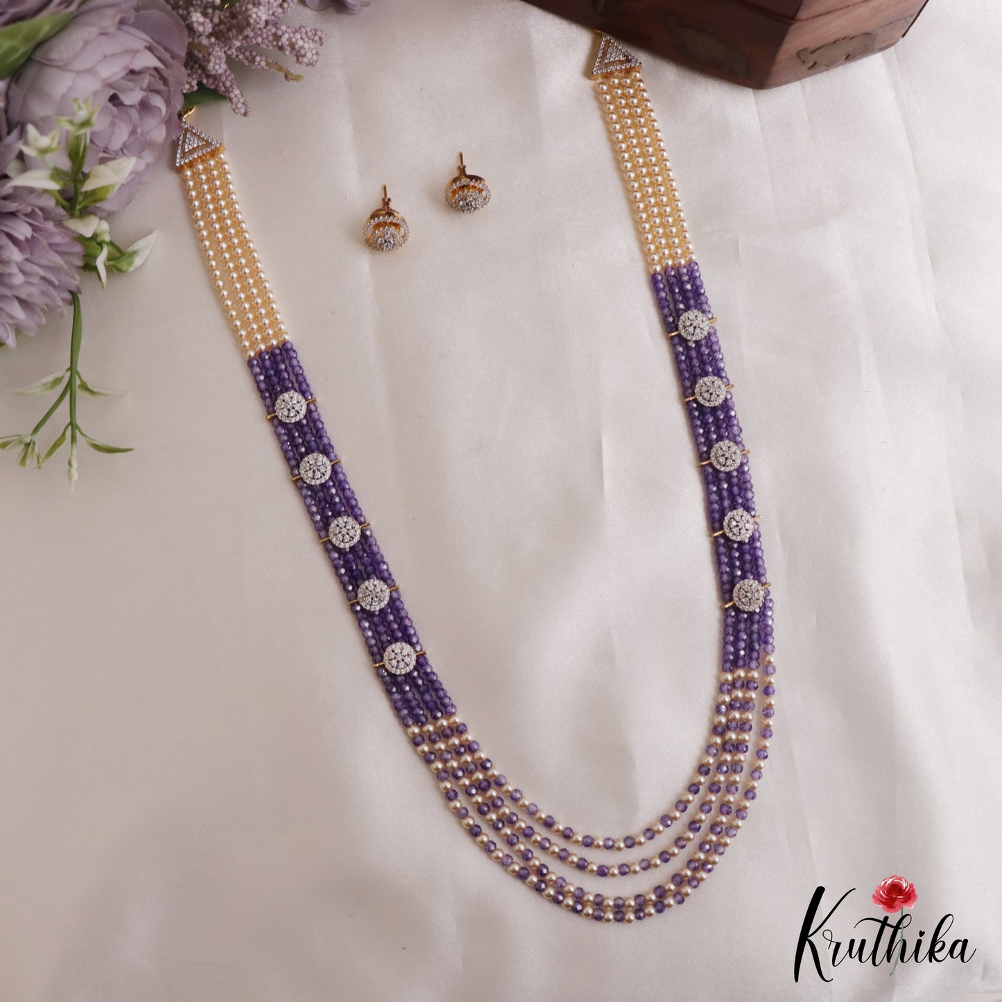 Sparkling Multi Layered Crystal & Pearl Haaram With Floral Accents LH2127 (Available In 7 Colors)