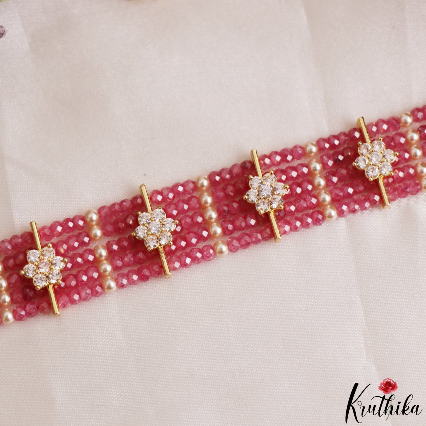 Sparkling Multi Layered Crystal & Pearl Statement Choker With Floral Accents NC3185