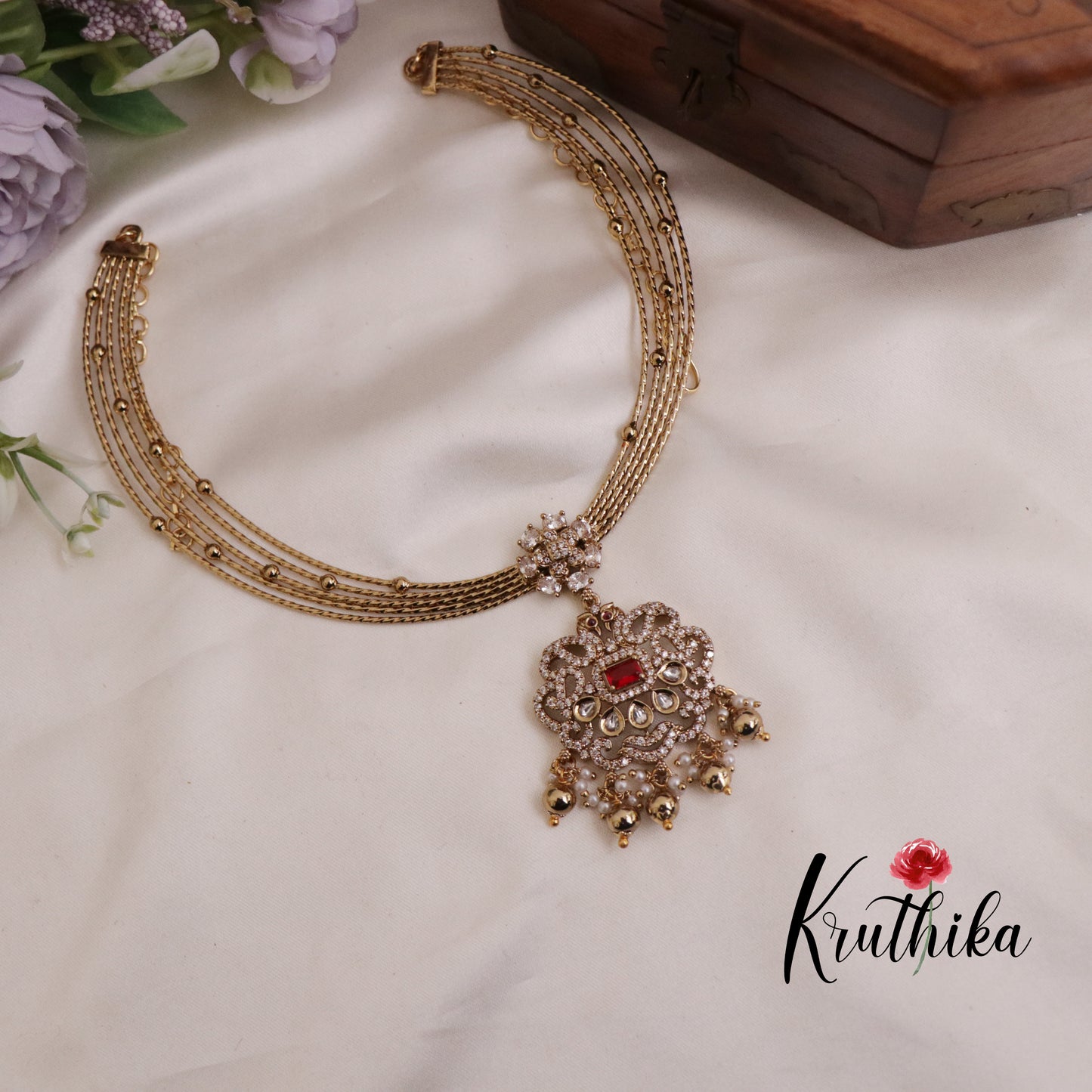 Trendy AD Victorian Jadau Hasli Necklace with Beads Drops NC2345 (Available in 2 Colours)