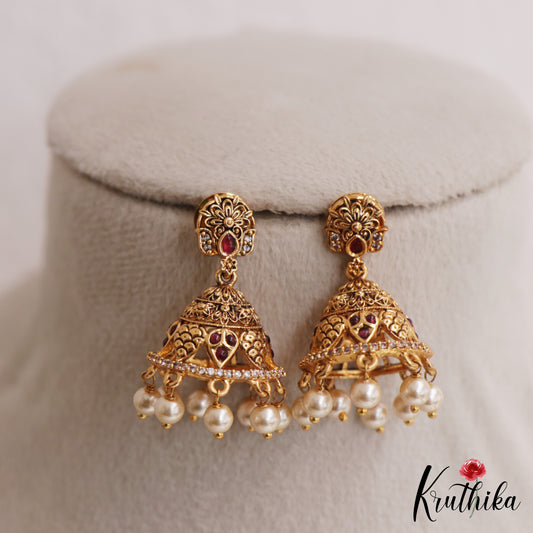 Elegant Antique Floral Motifs Kemp Jhumkas With Pearl Drops E1163 (Available In 2 Colors)