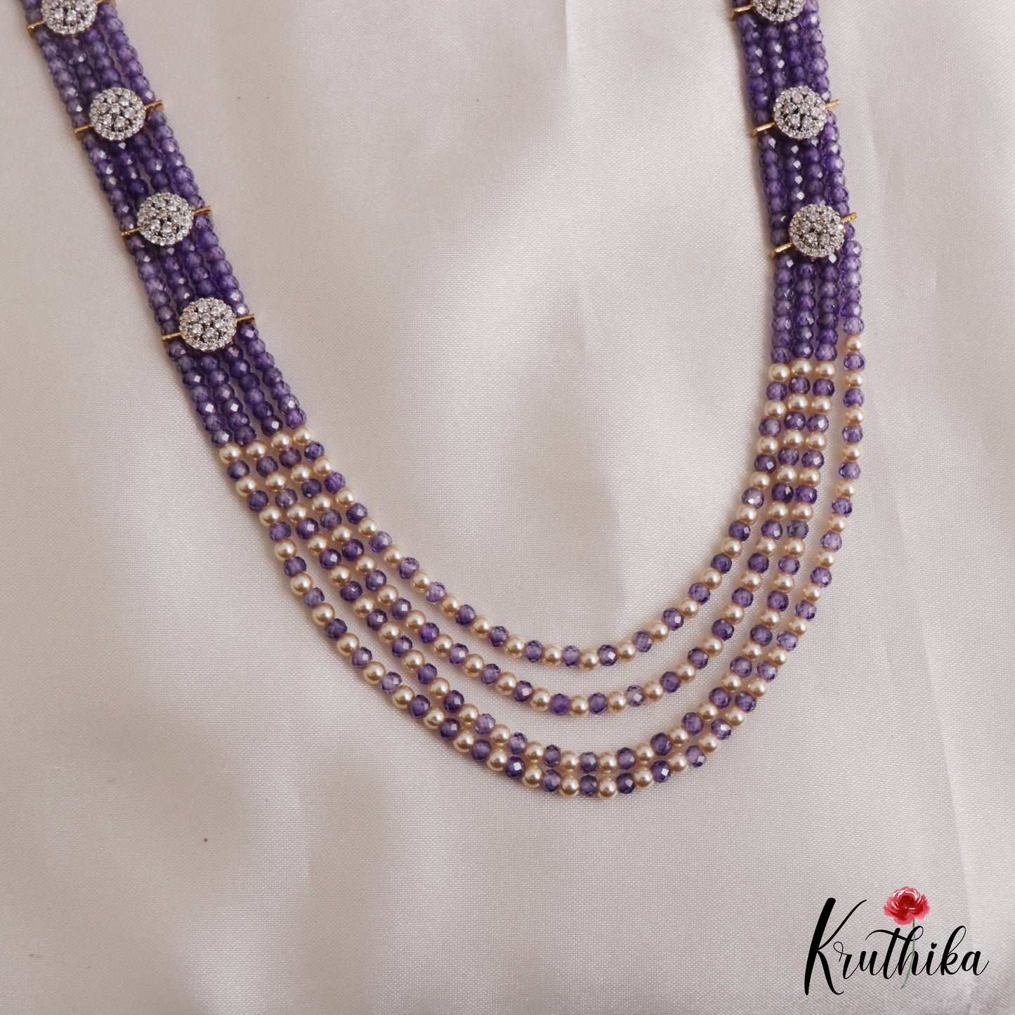 Sparkling Multi Layered Crystal & Pearl Haaram With Floral Accents LH2127 (Available In 7 Colors)