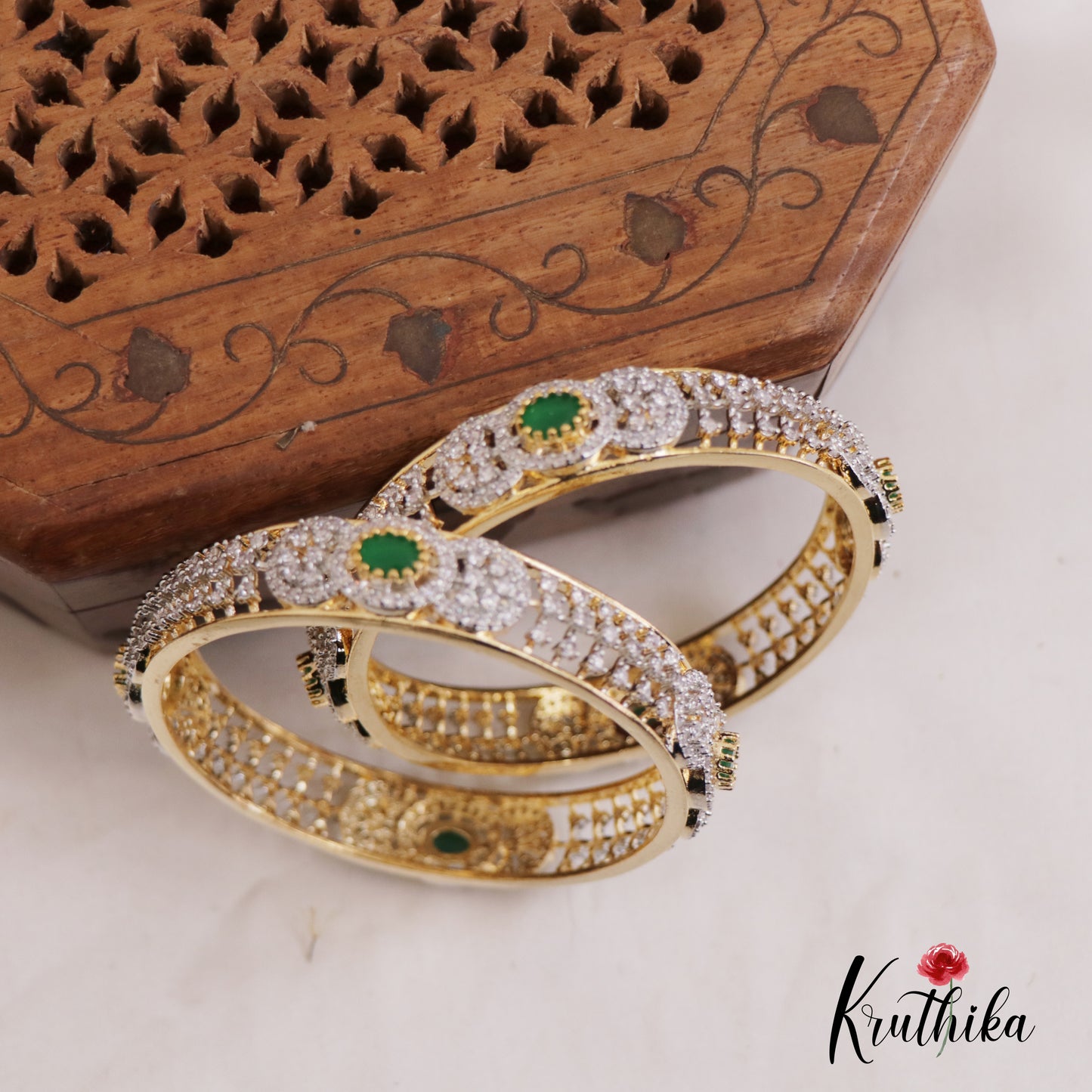Beautiful Floral Motifs Diamond-Finish Gold-Tone Bangles B442 (Set of 2 Bangles)|(Available In 2 Colors)
