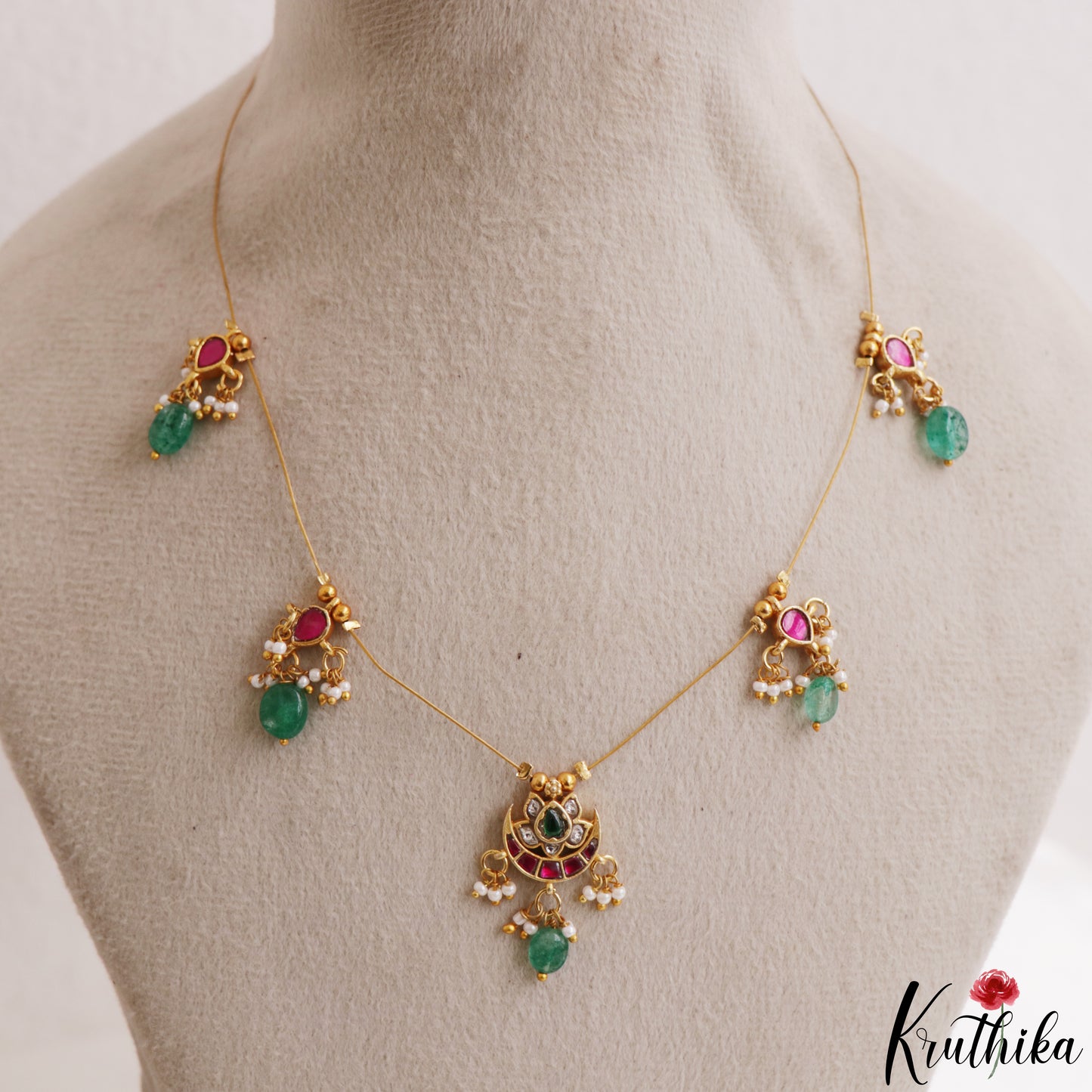 Simple Lotus Motifs Jadau Invisible Chain With Green Bead Drops NC3205
