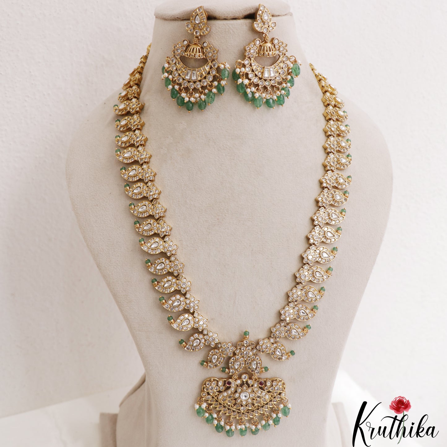 Stunning Mango Peacock Motifs CZ Haaram With Green Bead Drops LH2136 (Available In 2 Colors)