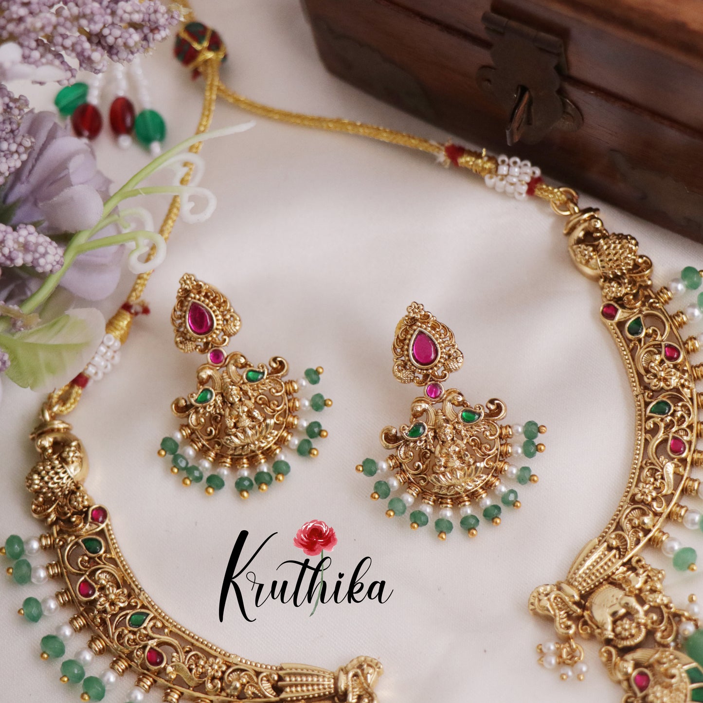 Elegant Temple Lakshmi and Peacock Jadau Necklace with Bead Drops NC2394