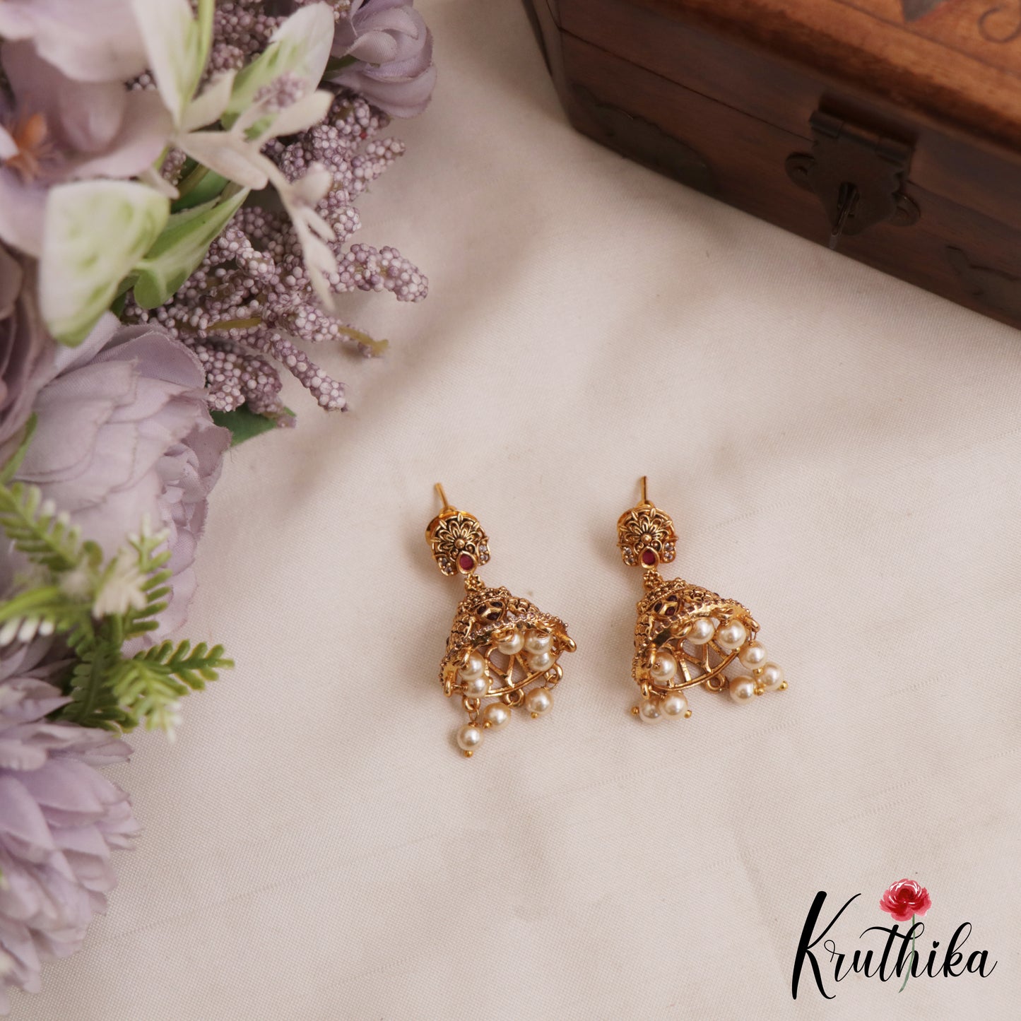 Elegant Antique Floral Motifs Kemp Jhumkas With Pearl Drops E1163 (Available In 2 Colors)