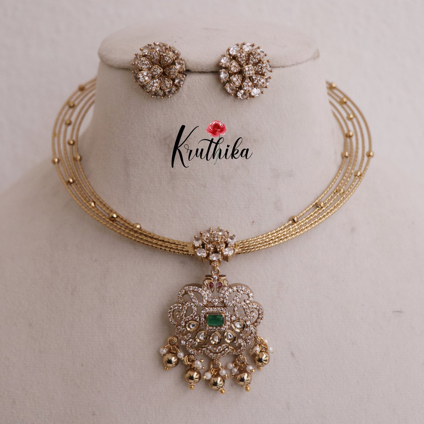 Trendy AD Victorian Jadau Hasli Necklace with Beads Drops NC2345 (Available in 2 Colours)