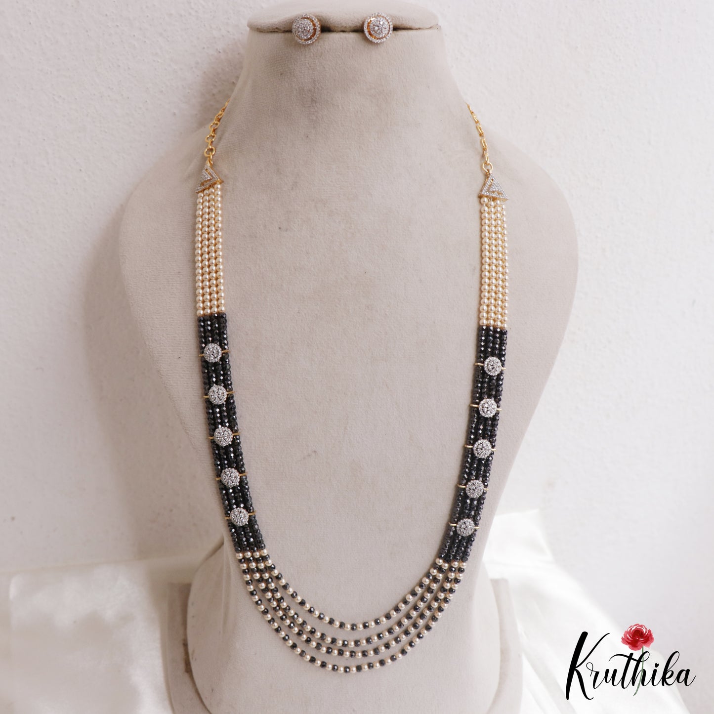 Sparkling Multi Layered Crystal & Pearl Haaram With Floral Accents LH2127 (Available In 7 Colors)