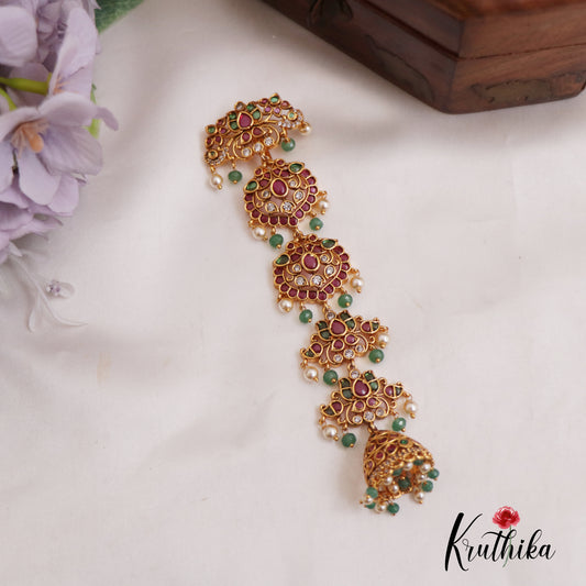 Stunning Peacock Floral Motifs Kemp Jhumka Jada Billa With Green Bead Drops J347