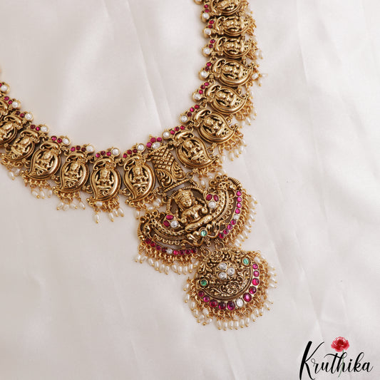 Gorgeous Antique Nagas Mango Lakshmi Motifs Jadau Haaram With Rice Pearl Drops LH2137