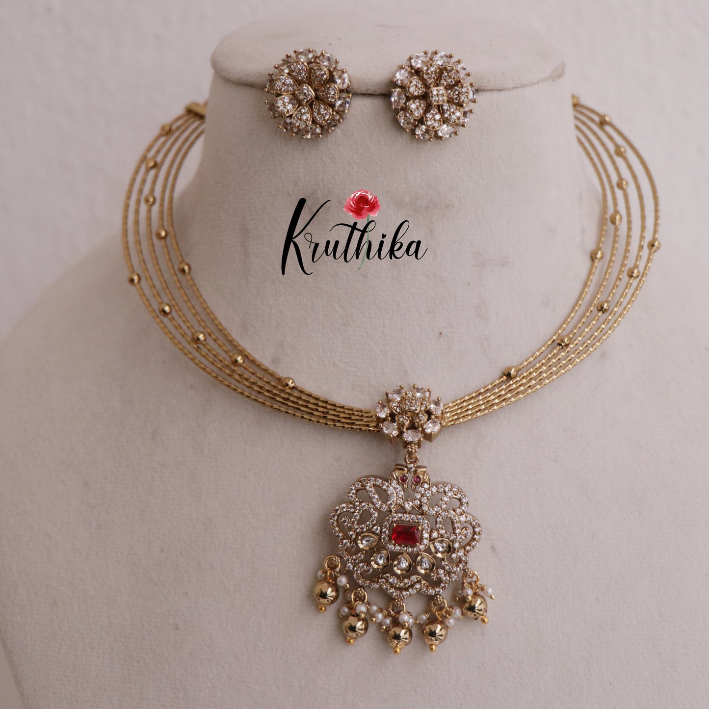 Trendy AD Victorian Jadau Hasli Necklace with Beads Drops NC2345 (Available in 2 Colours)
