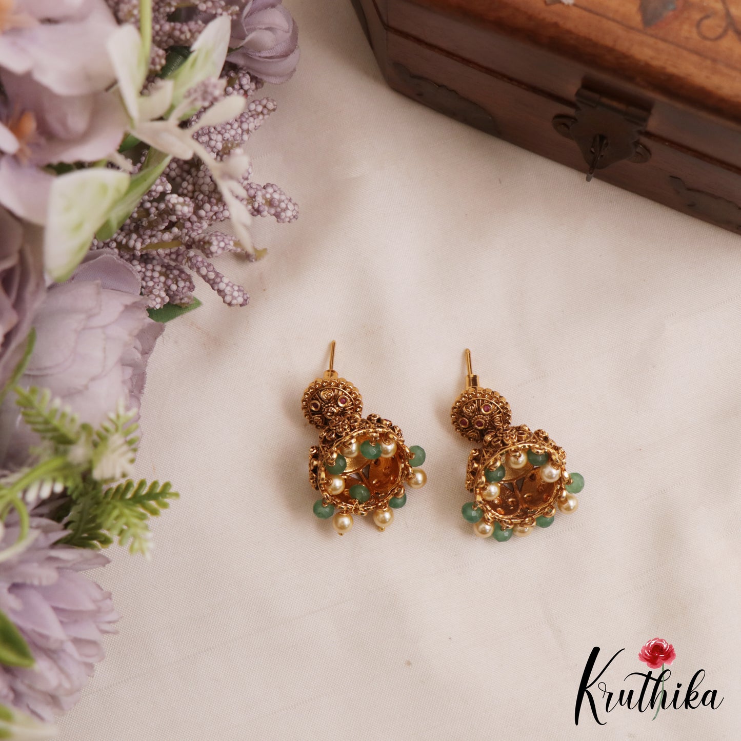 Classic Antique Floral Motifs Jhumkas With Pearl Bead Drops E1164 (Available In 2 Colors)