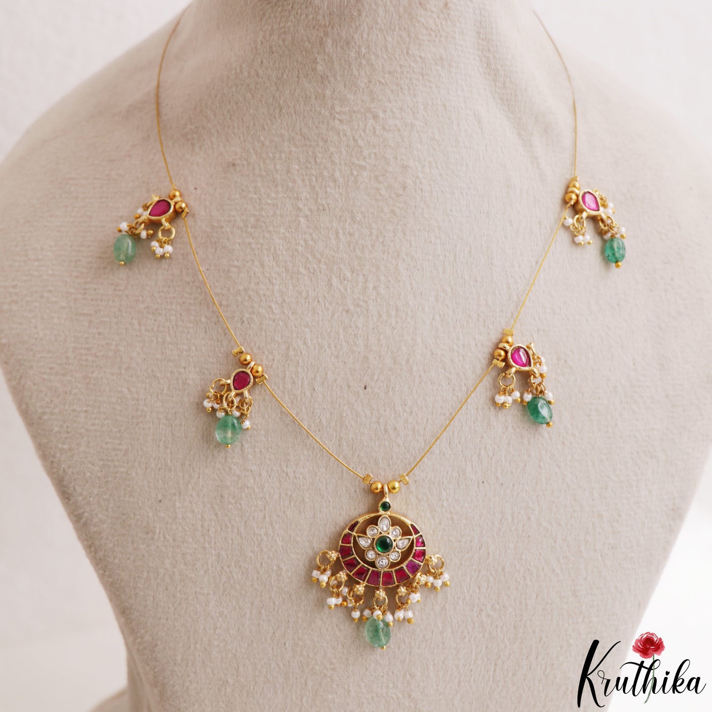 Classic Floral Motifs Jadau Invisible Chain With Green Bead Drops NC3206