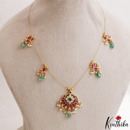 Classic Floral Motifs Jadau Invisible Chain With Green Bead Drops NC3206