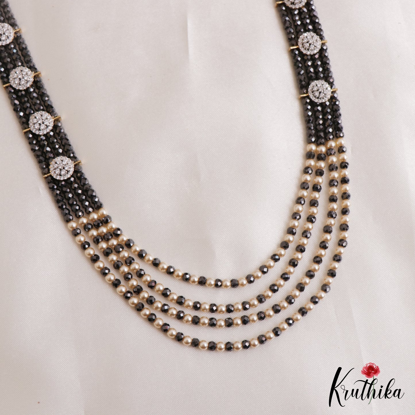 Sparkling Multi Layered Crystal & Pearl Haaram With Floral Accents LH2127 (Available In 7 Colors)