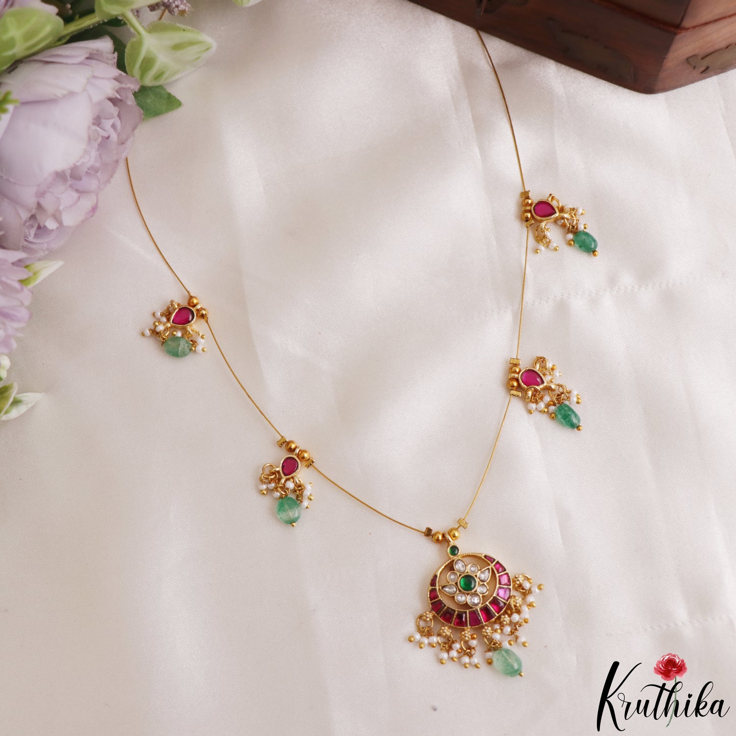 Classic Floral Motifs Jadau Invisible Chain With Green Bead Drops NC3206