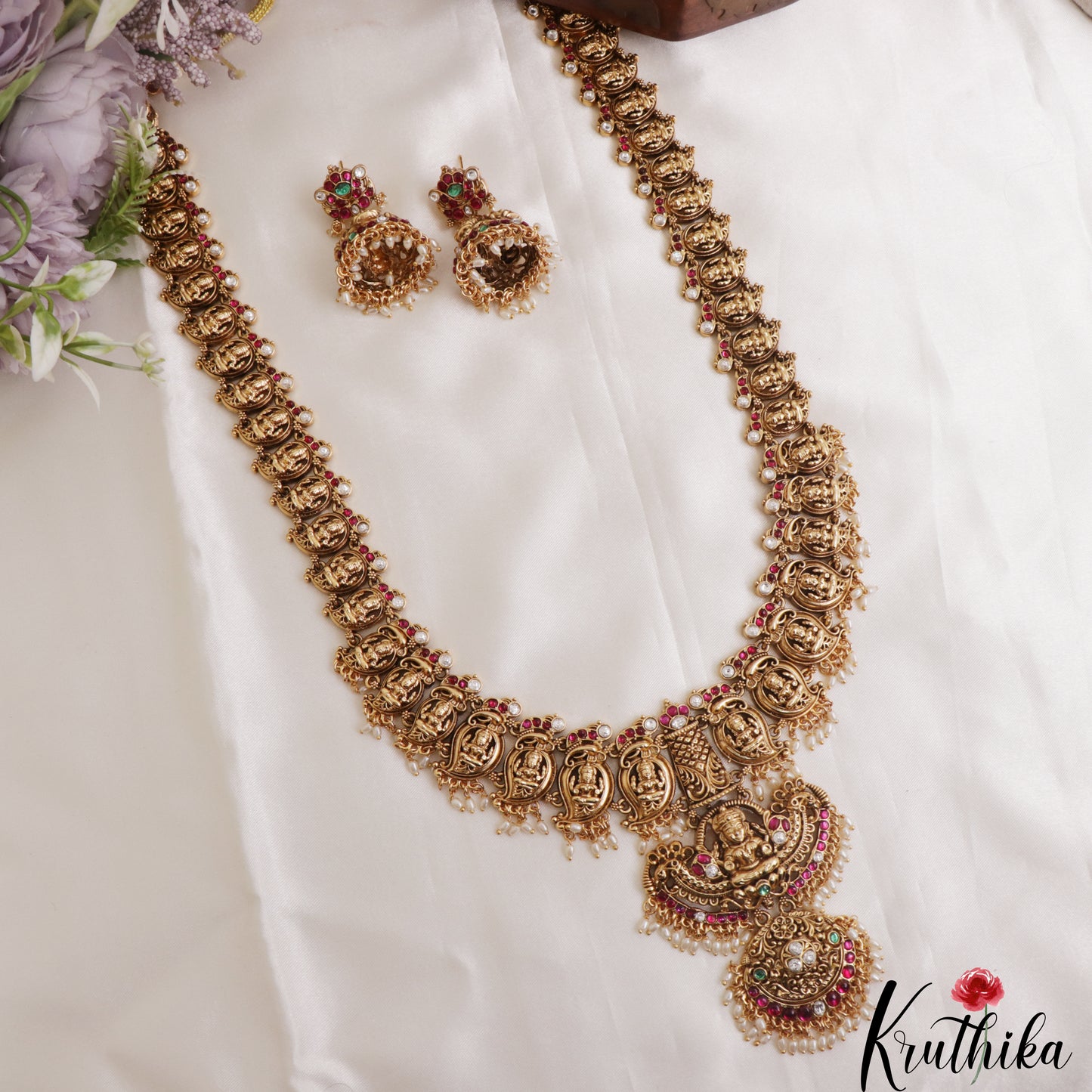 Gorgeous Antique Nagas Mango Lakshmi Motifs Jadau Haaram With Rice Pearl Drops LH2137
