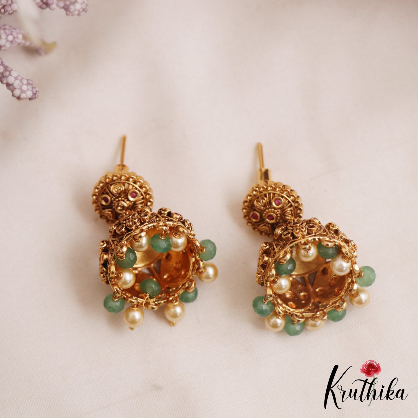 Classic Antique Floral Motifs Jhumkas With Pearl Bead Drops E1164 (Available In 2 Colors)
