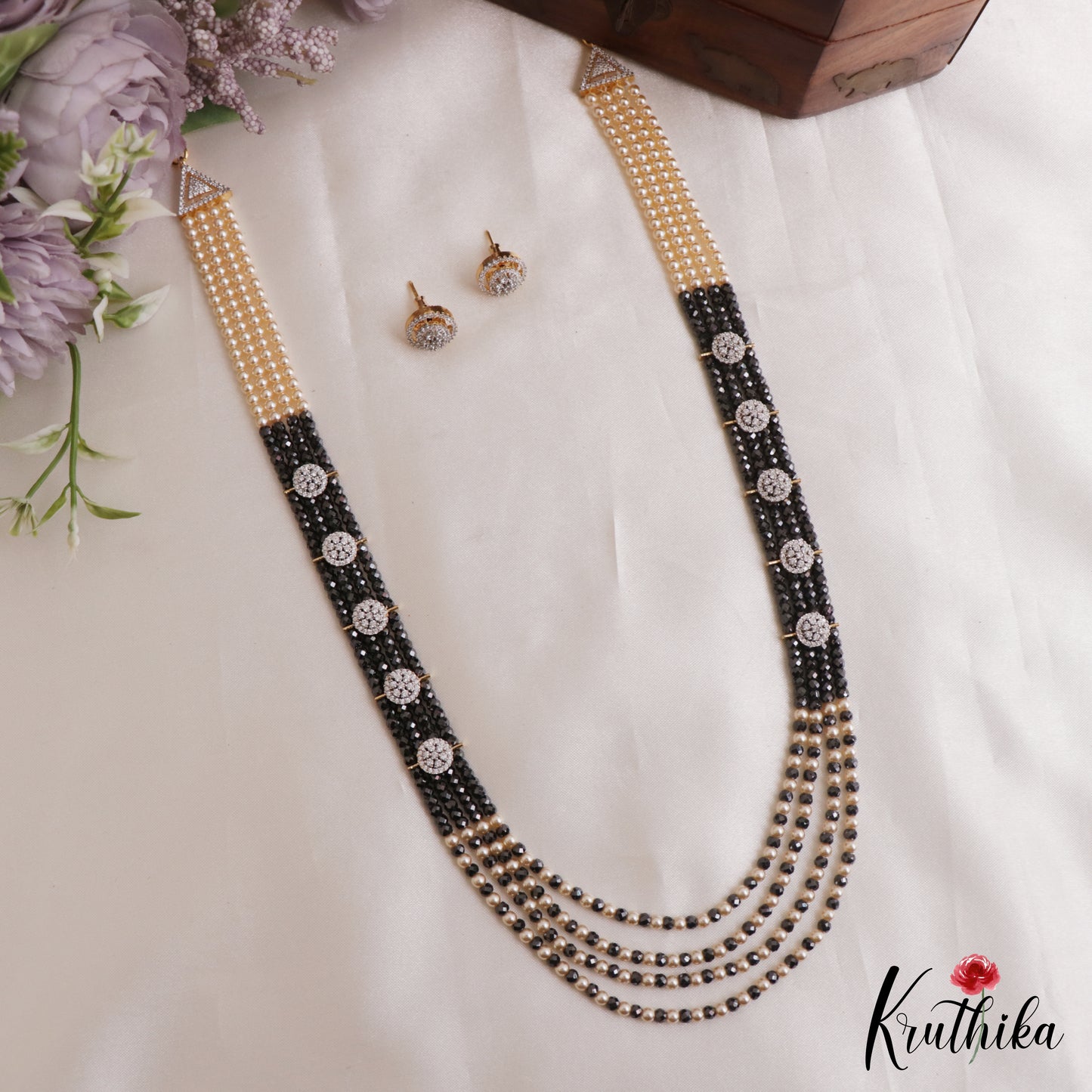 Sparkling Multi Layered Crystal & Pearl Haaram With Floral Accents LH2127 (Available In 7 Colors)