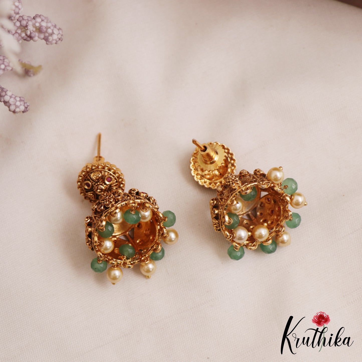 Classic Antique Floral Motifs Jhumkas With Pearl Bead Drops E1164 (Available In 2 Colors)