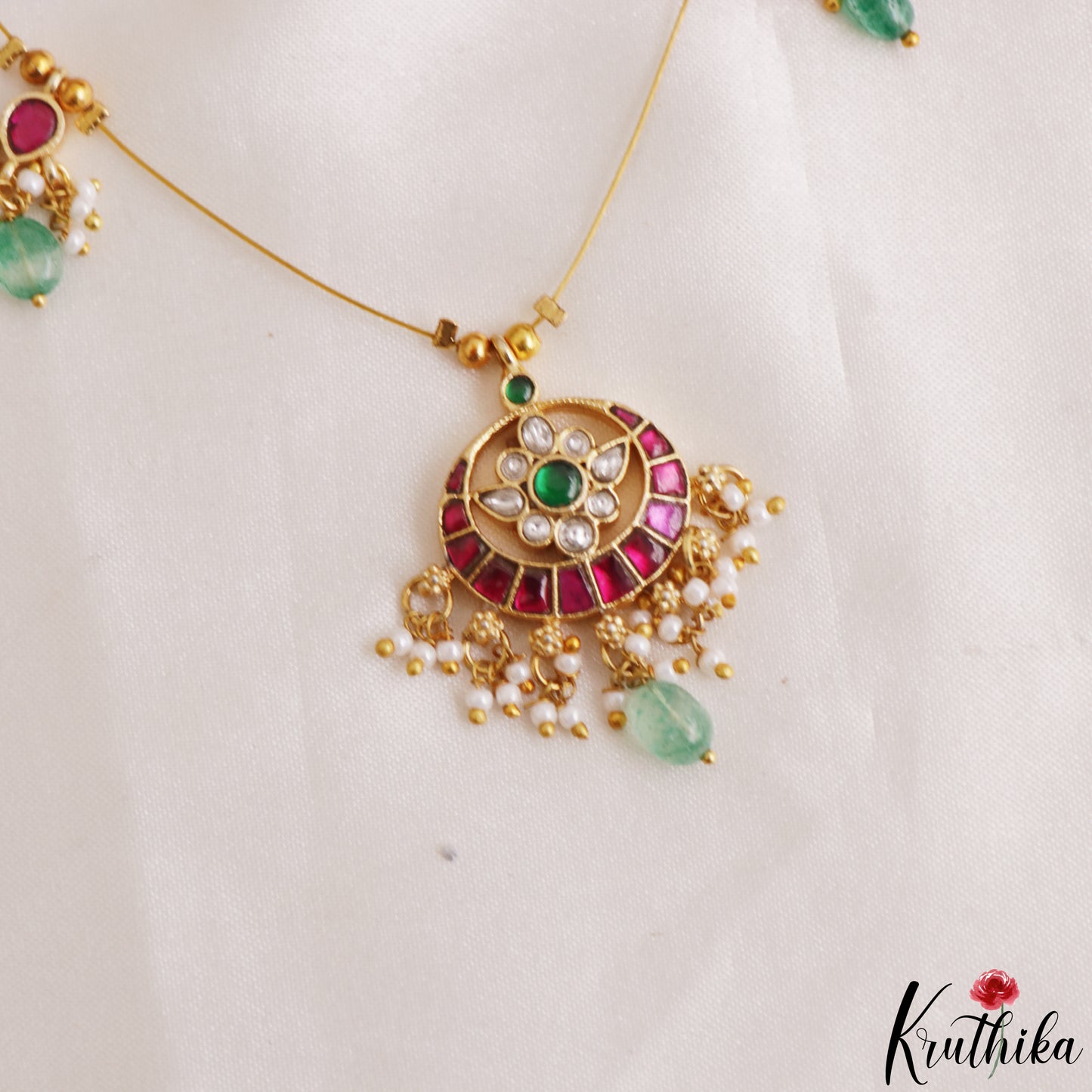 Classic Floral Motifs Jadau Invisible Chain With Green Bead Drops NC3206