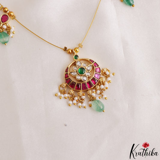 Classic Floral Motifs Jadau Invisible Chain With Green Bead Drops NC3206