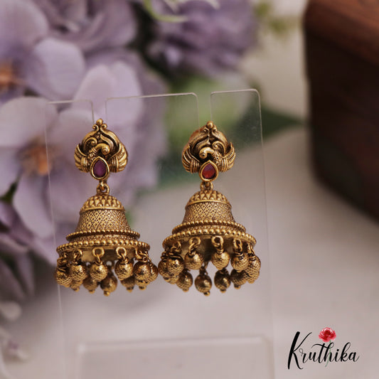 Beautiful Antique Peacock Motifs Jhumkas With Golden Bead Drops E913