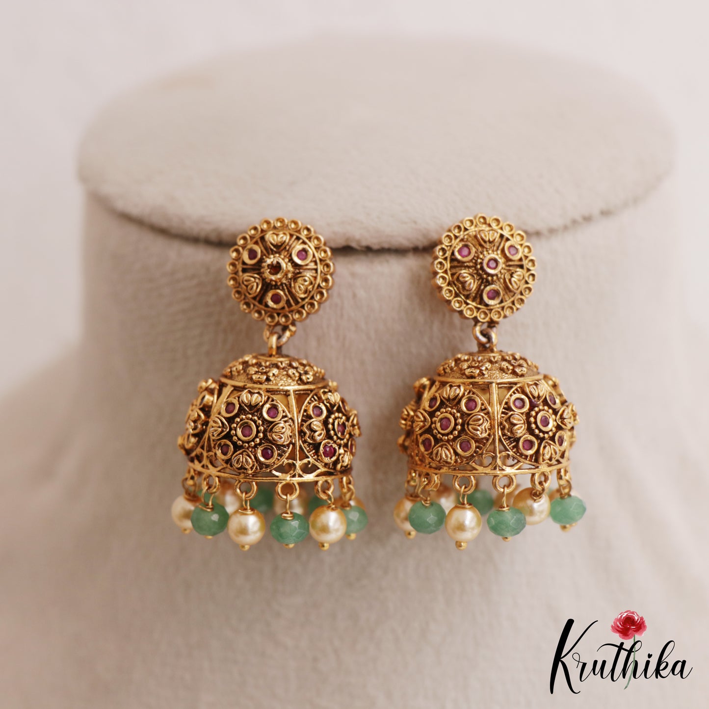 Classic Antique Floral Motifs Jhumkas With Pearl Bead Drops E1164 (Available In 2 Colors)