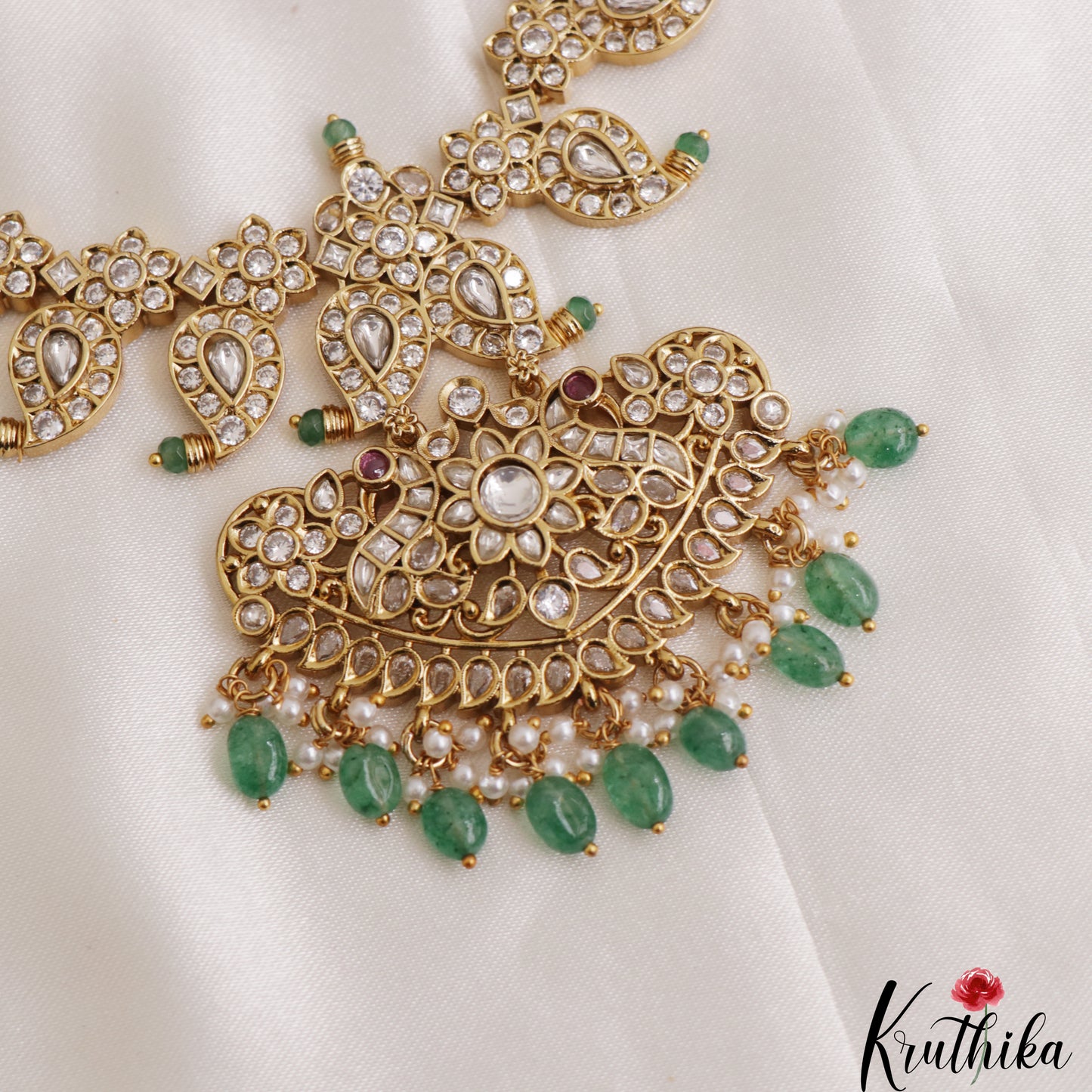 Stunning Mango Peacock Motifs CZ Necklace With Green Bead Drops NC3089 (Available In 2 Colors)