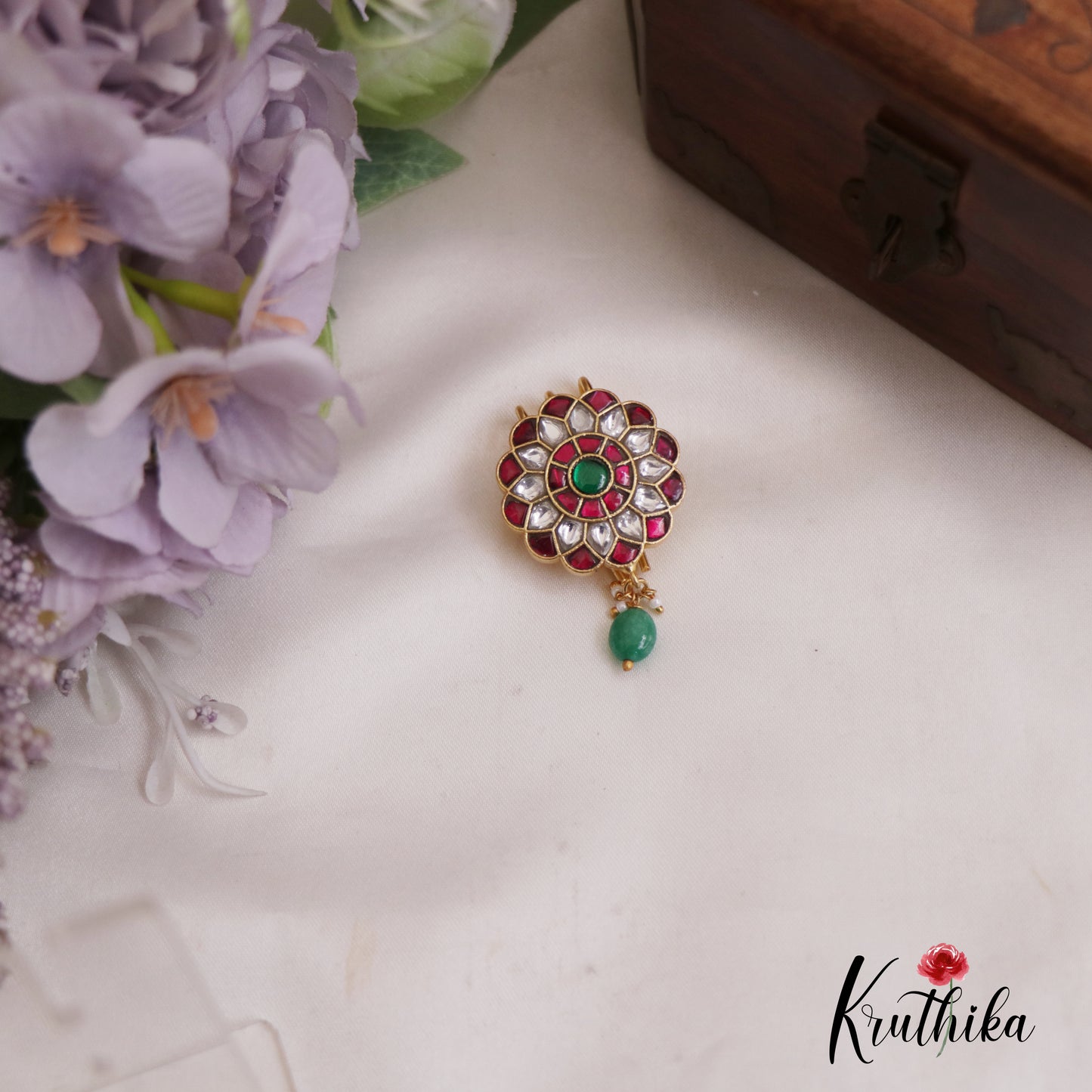 Beautiful Floral Motifs Jadau Jada Billa With Green Bead Drop J340