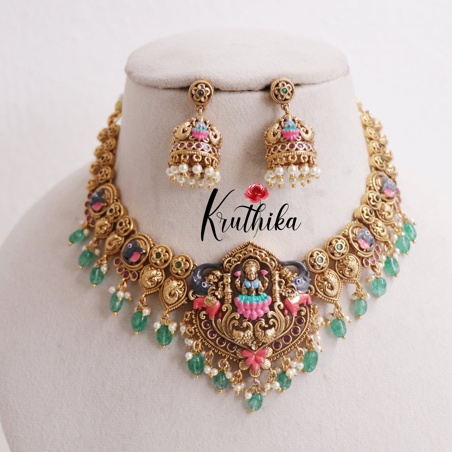 Royal Bridal Antique Gajalakshmi Peacock Necklace with Green Beads Drops NC2398