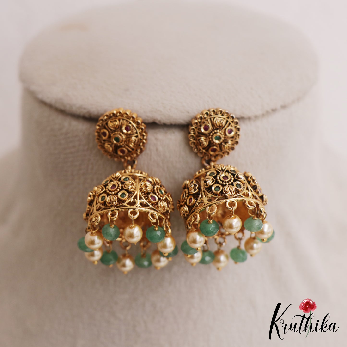 Classic Antique Floral Motifs Jhumkas With Pearl Bead Drops E1164 (Available In 2 Colors)
