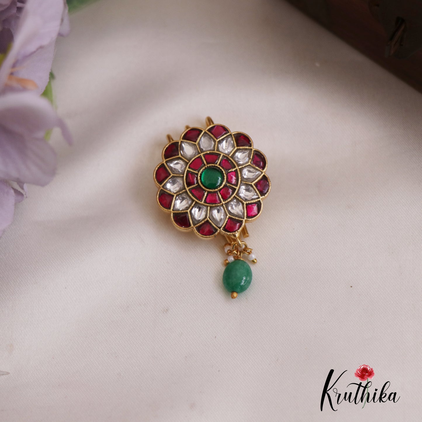 Beautiful Floral Motifs Jadau Jada Billa With Green Bead Drop J340