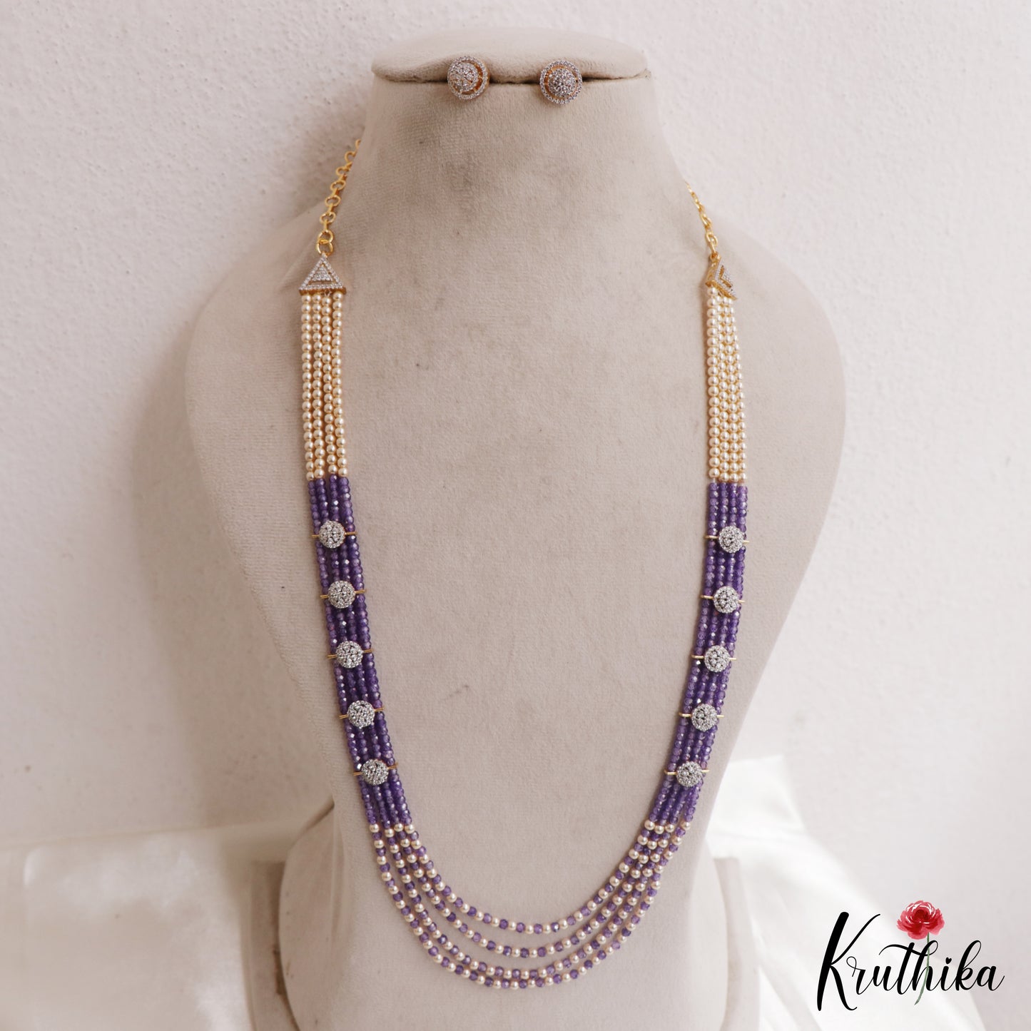 Sparkling Multi Layered Crystal & Pearl Haaram With Floral Accents LH2127 (Available In 7 Colors)