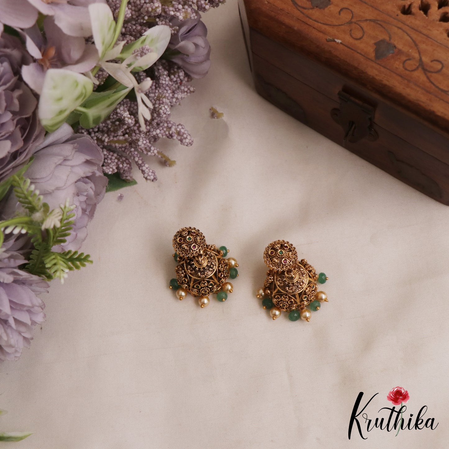 Classic Antique Floral Motifs Jhumkas With Pearl Bead Drops E1164 (Available In 2 Colors)